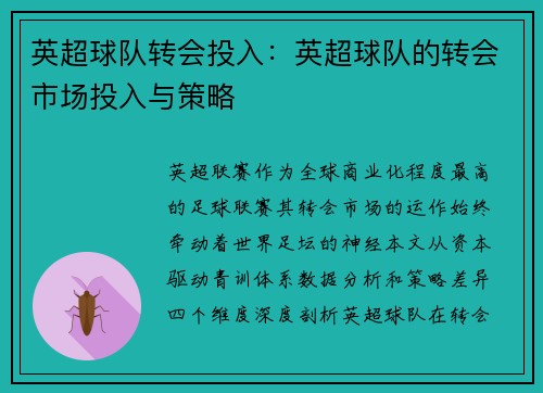 英超球队转会投入：英超球队的转会市场投入与策略