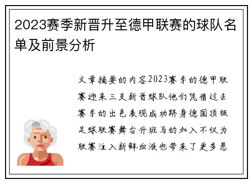 2023赛季新晋升至德甲联赛的球队名单及前景分析